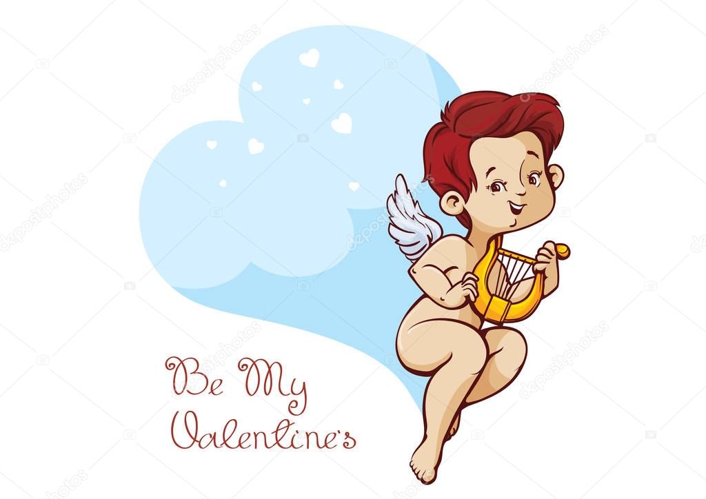 Cupid playing music on harp Handwritten fun quotation Valentines Day message