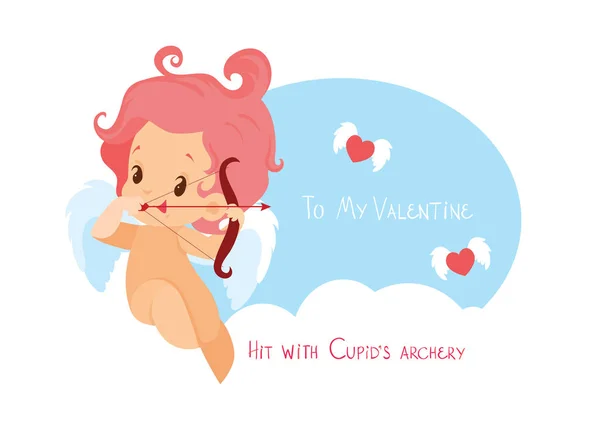 Caça ao Cupido com arco e flecha corações voadores. Citação divertida manuscrita Mensagem do Dia dos Namorados —  Vetores de Stock