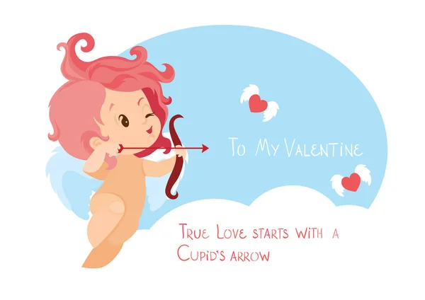 Cupid hunting with archery bow flying hearts. Handwritten fun quotation Valentines Day message — Stock Vector