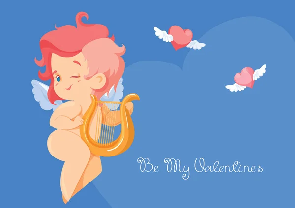 Cupido tocando música de amor na harpa . — Vetor de Stock