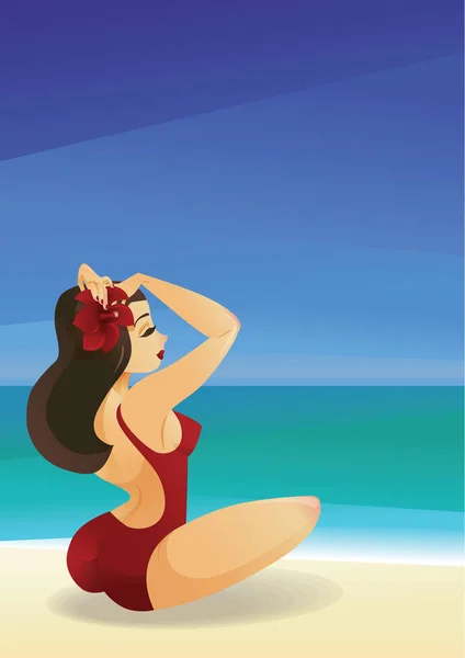 Pin up curvy brunette  girl on ocean shore decorates its hair with a  flower — Stock Vector