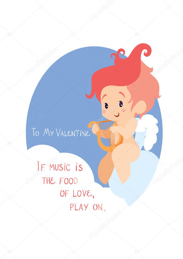 Cupid playing love song music on hurp. Handwritten fun quotation Valentines Day message