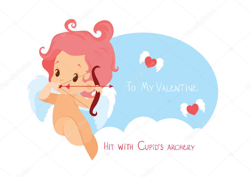 Cupid hunting with archery bow flying hearts. Handwritten fun quotation Valentines Day message