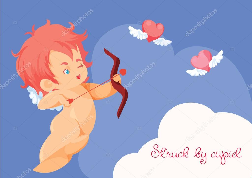 Cupid playing with bow and arrow is hunting  flying heart 