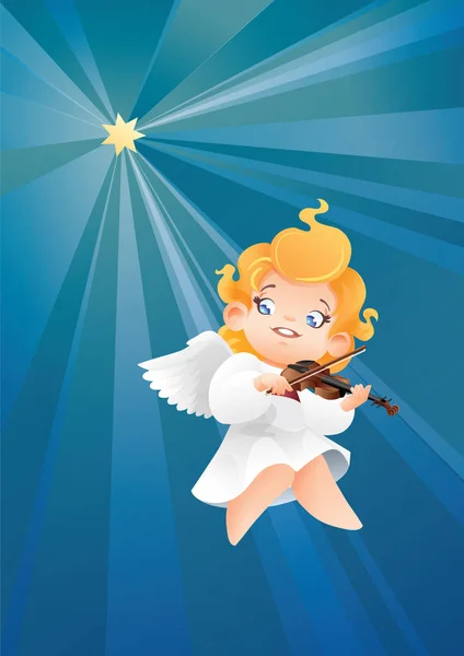 Lächelnd fliegen auf einem Nachthimmel Kind Engel Musiker Geiger spielen — Stockvektor