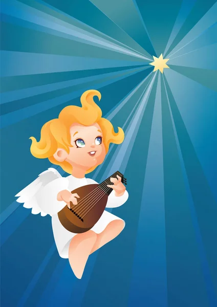 Luteist anjo músico voando em um céu noturno fazendo música no alaúde para uma estrela de Natal — Vetor de Stock