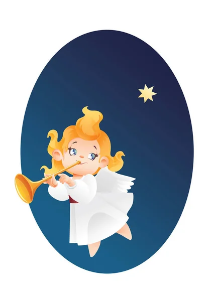 Kid angel musician  flying on a night sky, making fanfare call — Stock Vector