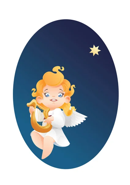 Niño ángel músico arpista volando en un cielo nocturno haciendo música en — Archivo Imágenes Vectoriales