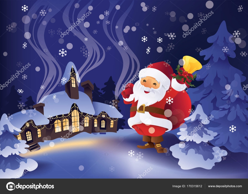 Christmas Greeting Card Design With Calm Winter Snowy Night In Village And Pine Trees On Background Santa Claus Gift Bag Bell Hand