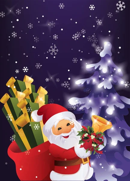De winternacht in Christmas forest. Kerstman met cadeau zak en bell in hand. — Stockvector