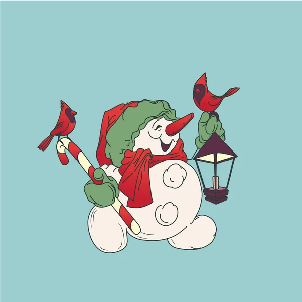 Cute smiling snowman with candy cane and Christmas lantern, card — Stock Vector