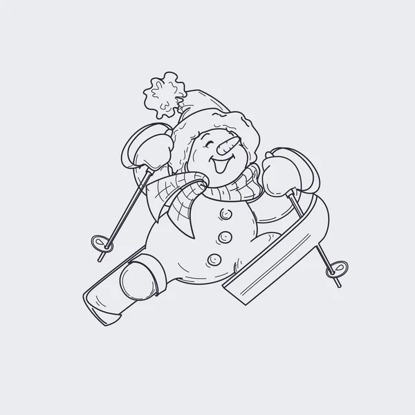 Милый улыбающийся снеговик на лыжах, счастливо подпрыгивающий к небу — стоковый вектор
