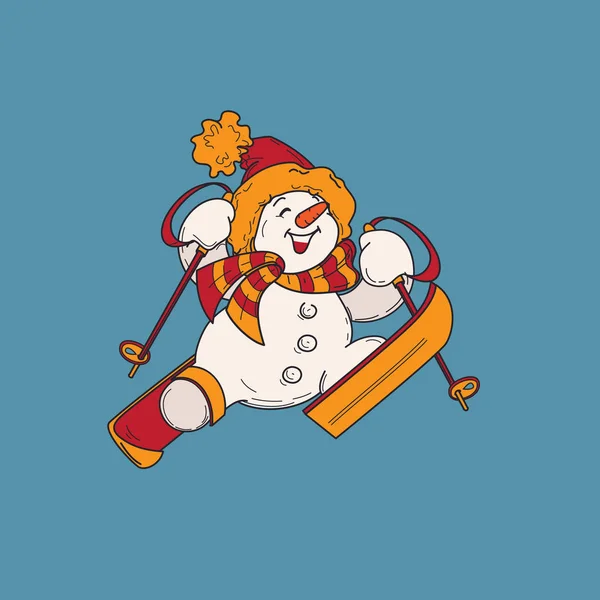 Netter lächelnder Schneemann im Ski, der fröhlich in den Himmel springt — Stockvektor