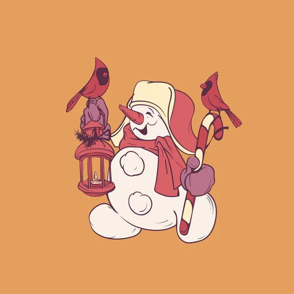 Χαριτωμένο χαμογελαστός χιονάνθρωπος με καραμέλα από ζαχαροκάλαμο και Χριστουγεννιάτικο φανάρι, κάρτα — Διανυσματικό Αρχείο
