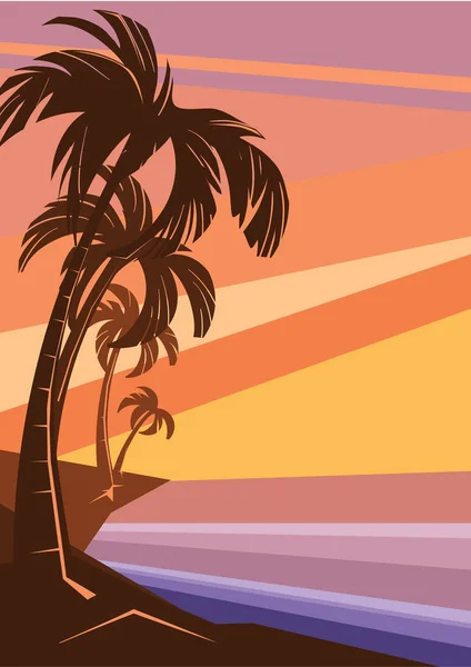 Laut tropis fantasi biaya matahari terbenam dengan telapak tangan - Stok Vektor
