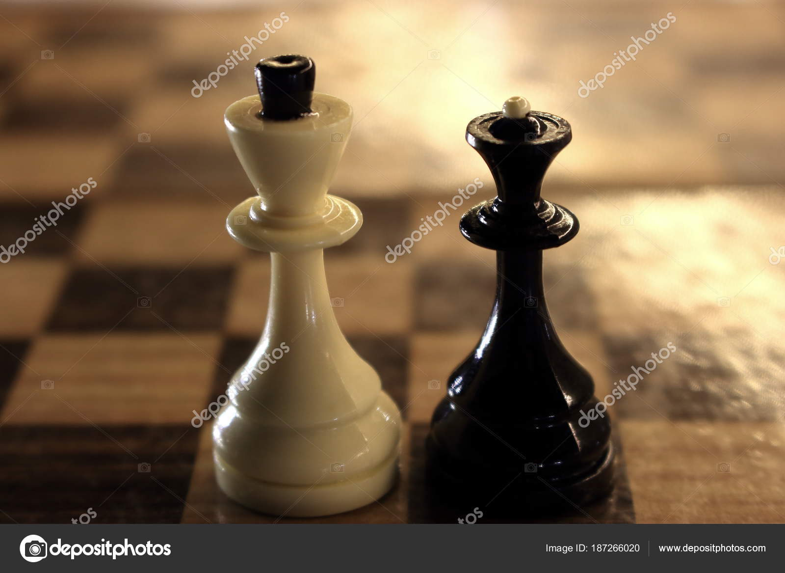 King queen chess figures chessboard white king black queen competition stock photo