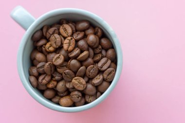 Kahve çekirdekleri pembe bir arka plan üzerinde mavi Kupası'nda yukarıdan görüntüleyin. Kahvaltı kavramı kopya alanı ile. Kahve çekirdeği portre. Sabah kahve içkiyle. Cafe konsept. 