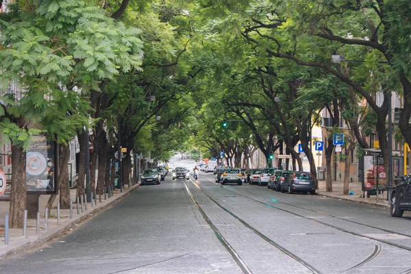 2018 Lisboa Portugal Amplia Calle Con Tranvías Coches Lisboa Enormes — Foto de Stock