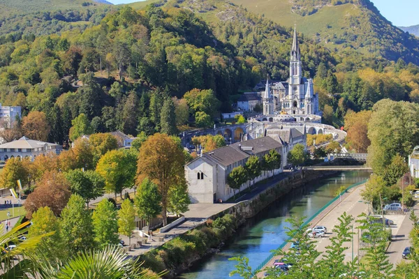 Lourdes Landmark Morning Filtered Cathedral Our Lady Lourdes River Mountains — Stock Photo, Image
