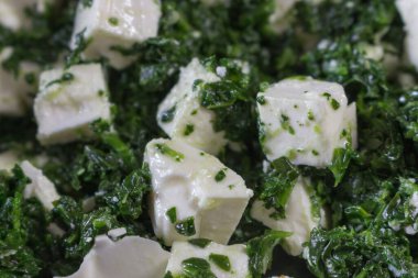 Ispanak ve peynirli salata yakından. Yeşil sağlıklı öğle yemeği. Vejetaryen yemeği. Ev yapımı mutfak. Organik yemek. Lezzetli yemek. Bir tabak yeşil ıspanak ve peynir..