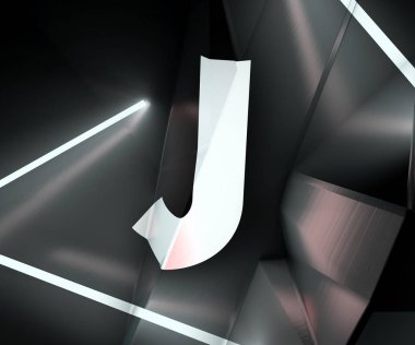 3D render alfabesinin kırılmasıyla yüzeyinde iki tarafta neon ışıkları ile öngörülen. Yaratıcı geometrik tipografi. Düşük Poli stil harf J siyah metalik arka plan. 