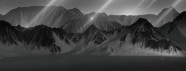 doğal karlı dağlar manzara 3D render starfall geceleri. Soyut ay ışığında göktaşları ile karanlık görünümü memnun oldum. Mistik sihirli derin kayalık vadi gizemli sahne ortasında