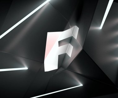 3D render alfabesinin kırılmasıyla yüzeyinde iki tarafta neon ışıkları ile öngörülen. Yaratıcı geometrik tipografi. Düşük Poli stil harf F siyah metalik arka plan. 