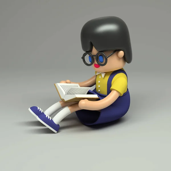 小女孩在眼镜上的表现 坐着看书 卡通风格 灰色背景下的可爱身影 — 图库照片