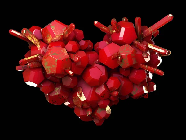 Κρύσταλλος Ρουμπίνι Κόκκινο Σχήμα Καρδιάς Χρυσό Φλέβες Απομονώνονται Μαύρο Φόντο — Φωτογραφία Αρχείου