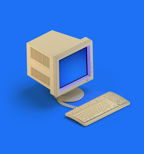 Rendering Isometric Computer Monitor Old Keyboard Retro Technology Blue Background — Stock Photo, Image