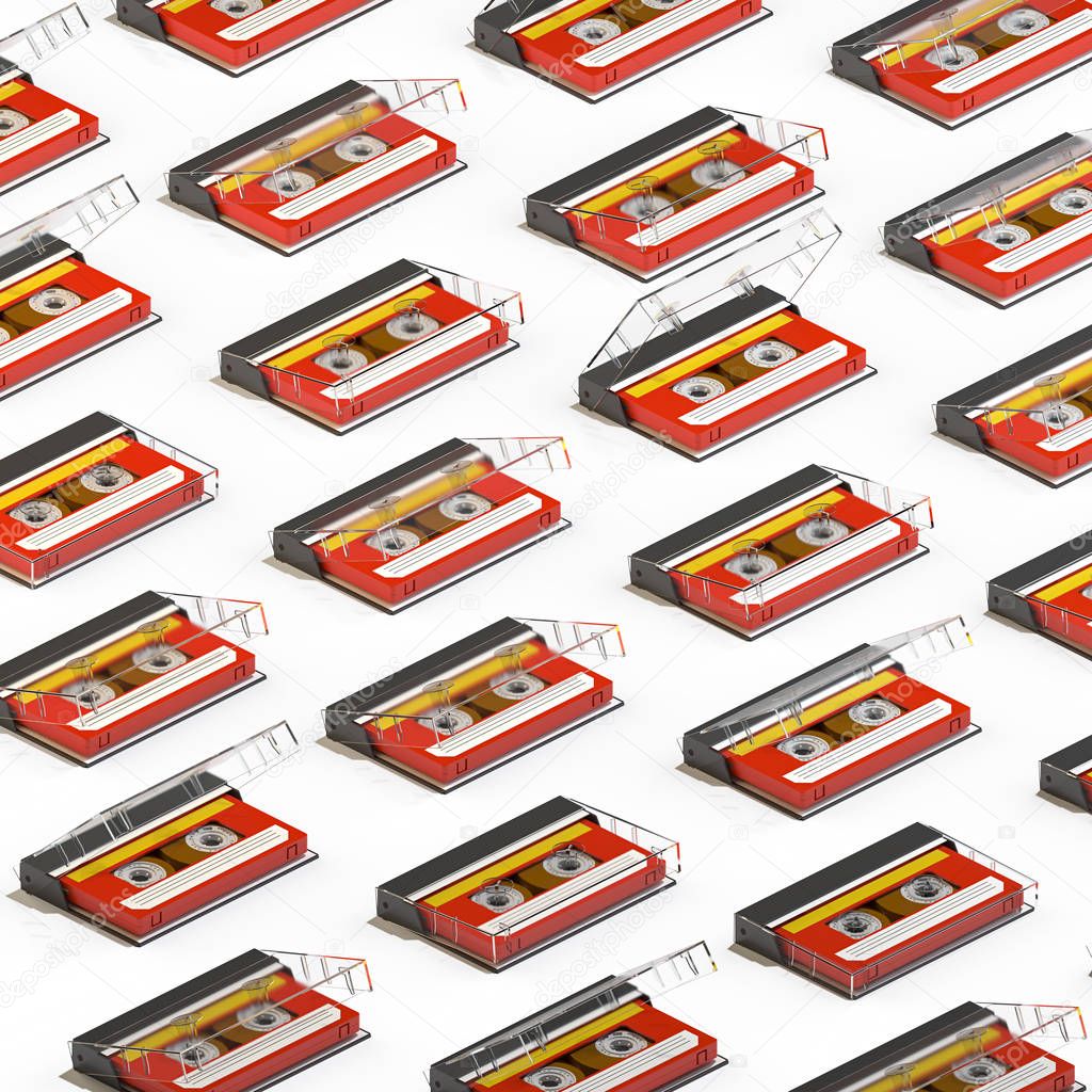 3d rendering of many isometric red audio cassettes. Repeated objects pattern. Retro technology on white background.