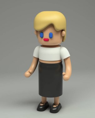 Beyaz Sarı saçlı küçük kız 3D render kırpma üst ve siyah etek. Çizgi film stilize 3d karakter illüstrasyon. Tam büyüme gri arka plan üzerinde izole şirin şekil.