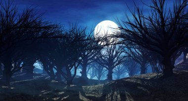 ay ışığında büyülü karanlık ormanın 3D render. Fantezi manzara kurutulmuş ölü ağaçlar ile yaprak. Karanlık gizemli gece sahne, Cadılar Bayramı poster için arka plan. 