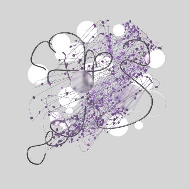 3D render soyut nesneleri bir grup. Metal dizeleri ve düz daireler. Kompozisyon haotic iç içe ince çizgiler ve gri arka plan üzerinde Küre.