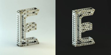 3D render. Perçinler ve vidalar ile metalik Oluşturucu font. Bina kiti 3d yazı tipi siyah ve beyaz arka plan üzerinde. Büyük Harf E.