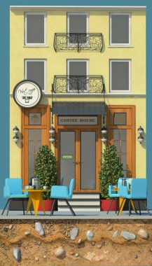 arka plan küçük kahve evi ile 3D render. 3D karikatür tarzı şirin Avrupa Bina. Detaylı cephe Balkonlu, gölgelik ve modern fenerler. Sokak kafeleri. Açık oturma.