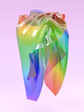 3D render sarkan gökkuşağı kumaş. Mor arka plan üzerinde havada asılı fütüristik plastik malzeme. 