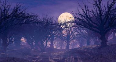 ay ışığında büyülü karanlık ormanın 3D render. Peri yol ortasında 