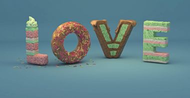 3D pasta yazı harfleri. Sweets, lezzetli kelime mutlu mavi arka plan üzerinde yazıt