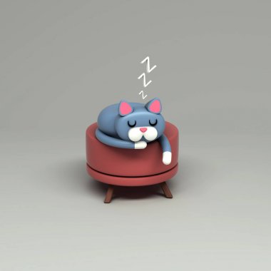 3D render tatlı bir Osmanlı üzerinde uyuyan bir kedi. Beyaz arka plan üzerinde stilize çizgi film.