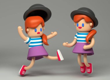3D Bouncing ve tökezleyerek kız oyuncak karakter. Küçük şirin şekil üzerinde gri bir arka plan ile gerçekçi gölgeler