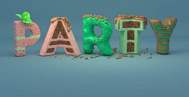 3D pasta yazı harfleri. Sweets, lezzetli kelime mutlu mavi arka plan üzerinde yazıt 