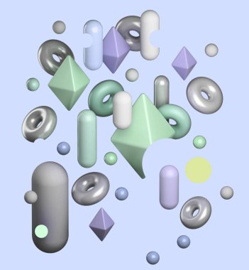 3D render soyut nesneleri bir grup. Parlak plastik ve parlak metal malzemeleri. Kompozisyon küre, çörek, kapsül ve octahedrons. Pastel mavi düz arka plan rengi. 
