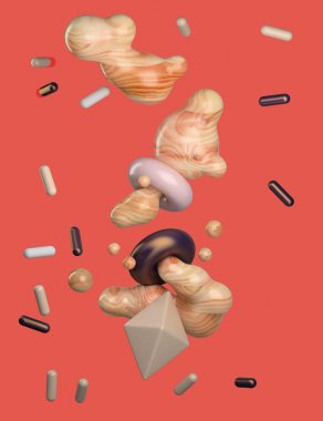 3d rendering of a group of abstract objects. Wooden,glossy plastic and shiny metal materials.Composition with metaballs, donuts, capsules and octahedron. Orange background. clipart