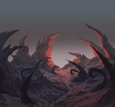 korku manzara 3D render. Kuru bükülmüş omurgalar, sivri kuru taş yer altından yapışmasını. Cadılar Bayramı poster için kötü şeytani gezegen arka plan. 