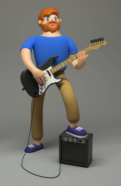 3D render. Bir ayak üzerinde bir amplifikatör dinlenme ve bir elektro gitar çalmak müzisyen