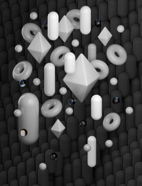 3d rendering of a group of abstract objects. Black and white shades. Composition with spheres, donuts, capsules and octahedrons. Glass with rainbow dispersion and glossy plastic materials.  clipart