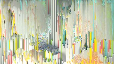 3D rendering abstract colorful glitch digital signal. Modern generative background. Randomly scattering graph array of data. Random distorted image processing. Collapsing error.