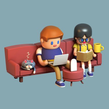 3D render birlikte bir kanepede oturan genç bir çift. Bir dizüstü bilgisayar ve bir kız çocuk okuyor. Şirin bir çalışma alanı. Kedi kanepede uyuyor. Mavi arka plan üzerinde stilize çizgi film.