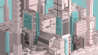 dijital şehir 3D render. Tel çerçeve gökdelenler ile soyut cityscape.  